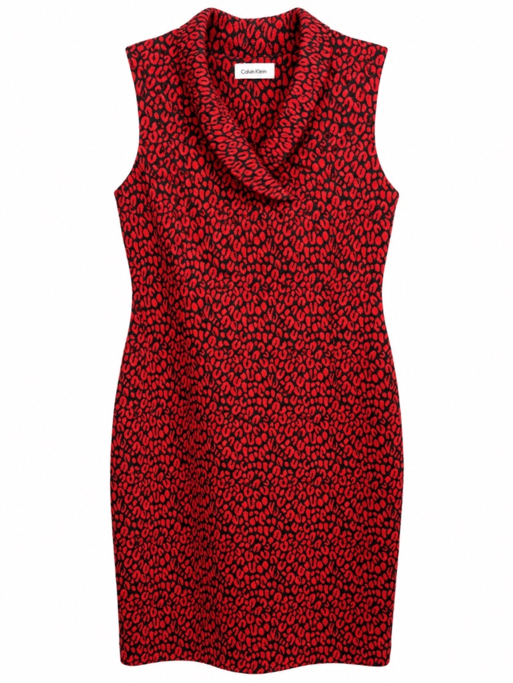 Calvin Klein -Red Black Leopard Print Draped Collar Sheath Dress - Est Sz 12